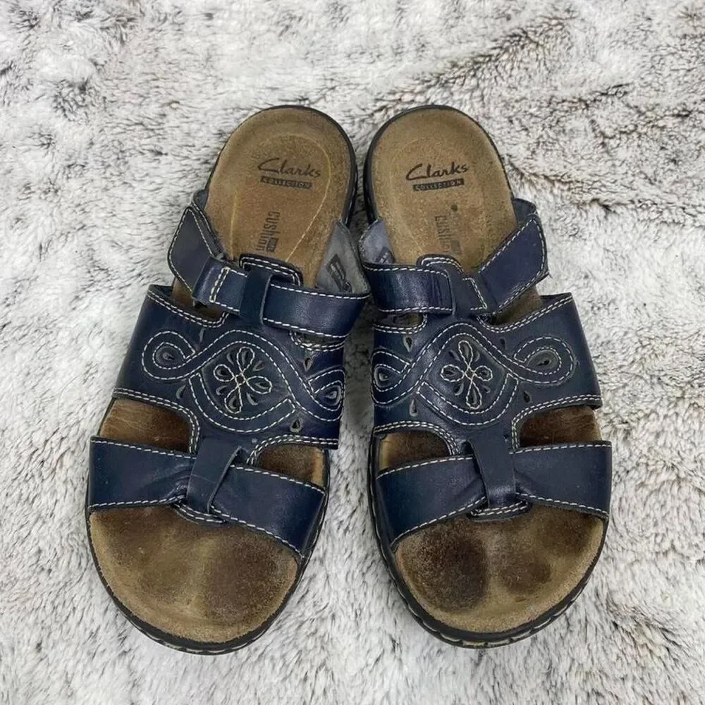 Clarks Leisa cacti navy blue leather sandals white stitching floral boho fairy